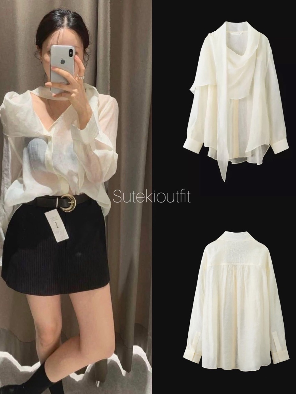 Zara Ivory Sheer Scarf-Neck Blouse